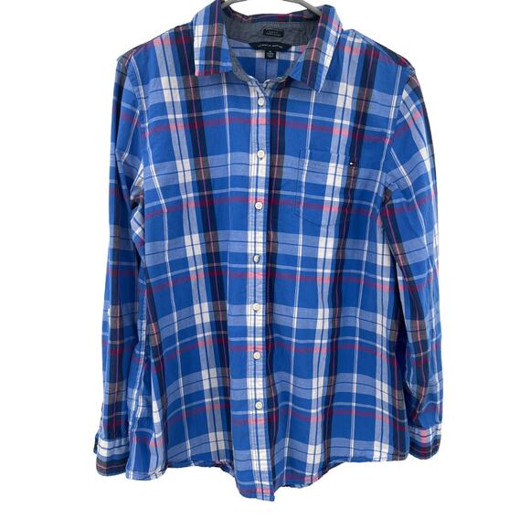 Tommy Hilfiger Tops - Tommy Hilfiger classic fit blue pink plaid long sleeve button front shirt sz XL
